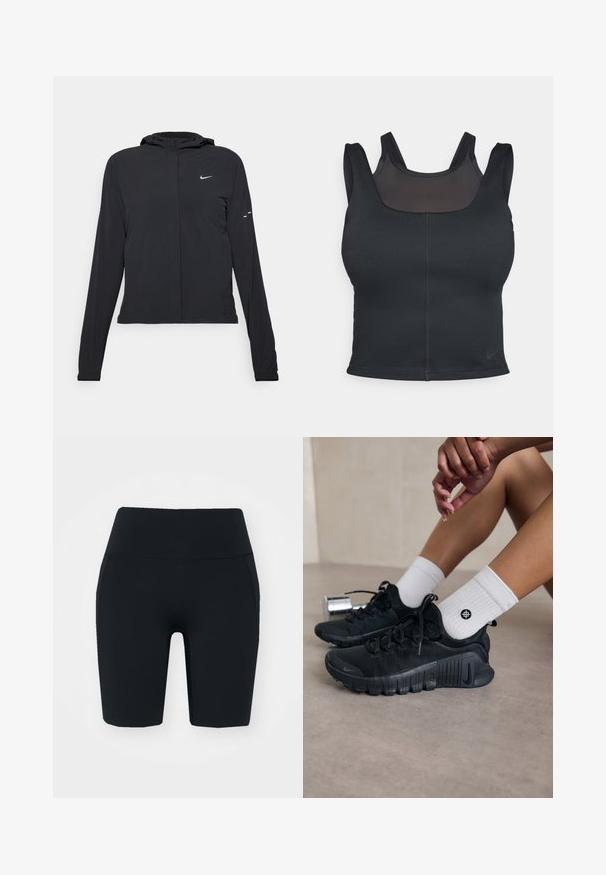 Veste à capuche noire avec des manches longues, fabriquée en matériau léger. Elle comporte une fermeture éclair à l'avant, un logo Nike et des accents de design subtils.; Soutien-gorge de sport noir avec une coupe ajustée, des bretelles larges et une superposition en mesh sur le devant. Texture lisse et coutures minimalistes. Logo Nike à l'ourlet.; Shorts de vélo noirs taille haute en tissu extensible avec une texture lisse, dotés de poches latérales et d'un design ajusté.; Chaussures de sport noires en tissu texturé, avec un design à lacets et une semelle proéminente, accompagnées de chaussettes blanches à côtes arborant un petit logo.