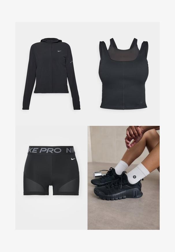 Melnā kapuci jaka ar garām piedurknēm, izgatavota no viegla materiāla. Tam ir priekšējais rāvējslēdzis, Nike logo un smalki dizaina akcenti.; Melnas sporta krūšturis ar pieguļošu dizainu, platām siksnām un acs pārklājumu priekšpusē. Gluda tekstūra un minimālas vīles. Nike logo apakšmalā.; Melni sporta šorti ar plašu jostasvietu, kurā ir uzraksts "NIKE PRO" pelēkā krāsā. Iekļautas sieta paneļi sānos un mazs balts logotips.; Melnas sporta kurpes ar teksturētu audumu, saistītu dizainu un izteiktu zoli, savienotas ar baltām ribotām zeķēm ar mazu logo.