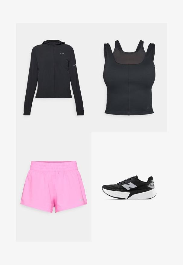 Mustassa hupparissa on pitkät hihat, ja se on valmistettu kevyestä materiaalista. Siinä on edessä vetoketju, Nike-logo ja hillityt muotoiluyksityiskohdat.; Mustaharjoituskliivan mallinen musta urheiluliivi, jossa on leveät hihnat ja silkkinen verkkokangas etuosassa. Sujuva pinta ja vähäiset saumat. Nike-logo helmassa.; Kirkas vaaleanpunaiset urheilushortsit joustavalla vyötärönauhalla ja pieni harmaa Nike-logo vasemmassa alakulmassa valkoista taustaa vasten.; Mustat ja valkoiset New Balance -juoksukengät, joissa on paksu pohja, verkkomateriaali päällä ja "N"-logo sivulla, nähtynä ulkopuolelta.