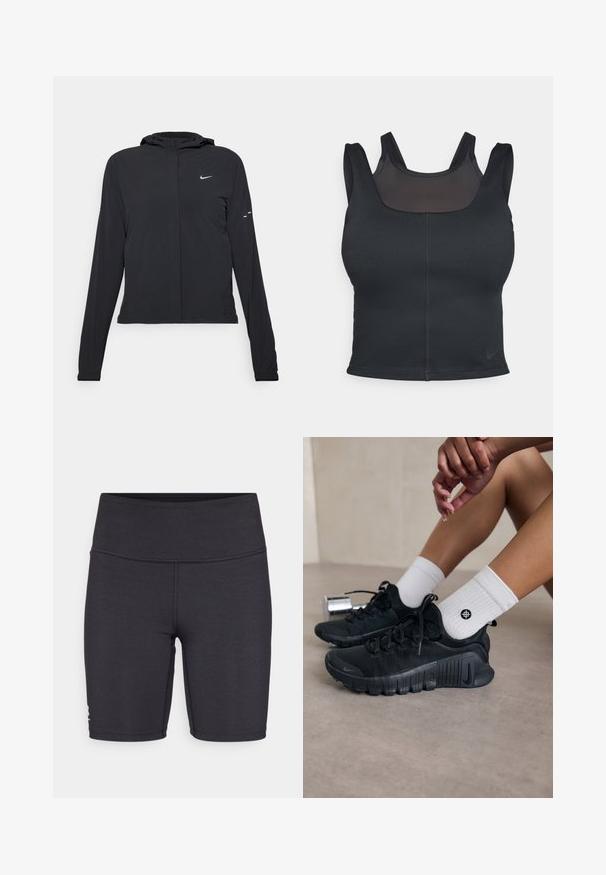 Must musta kapuutsiga jakk, millel on pikad varrukad ja mis on valmistatud kergetest materjalidest. Omab esitaskut, Nike logo ja kergelt silmatorkavaid disainiaktsente.; Mustmust milano spordirinnahoidja, millel on lähedane disain, laiad rihmad ja ees olev võrgusilm. Sile tekstuur ja minimaalne õmblus. Nike logo alläärs.; Mustad must edasi sportlikud lühikesed püksid venivast kangast, millel on kõrge vöökoht ja lameõmblusega detailid. Kavandatud mugavuseks ja liikumisvabaduseks.; Mustad must спортjalatsid tekstuurse kangaga, nöörimise disainiga ja silmapaistva tallaga, koos valgete ribafreeside sokkidega, millel on väike logo.