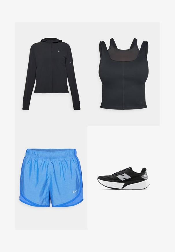 Black hooded jacket with long sleeves, made from lightweight material. Features a front zipper, a Nike logo, and subtle design accents.; Black sports bra featuring a fitted design, wide straps, and a mesh overlay on the front. Smooth texture and minimal seams. Nike logo on hem.; Blue athletic shorts with an elastic waistband, lightweight fabric, curved hem, and contrasting side panel detail. Nike logo on lower left.; Black and white New Balance running shoe with thick sole, mesh upper, and "N" logo on the side, viewed from the outer side.