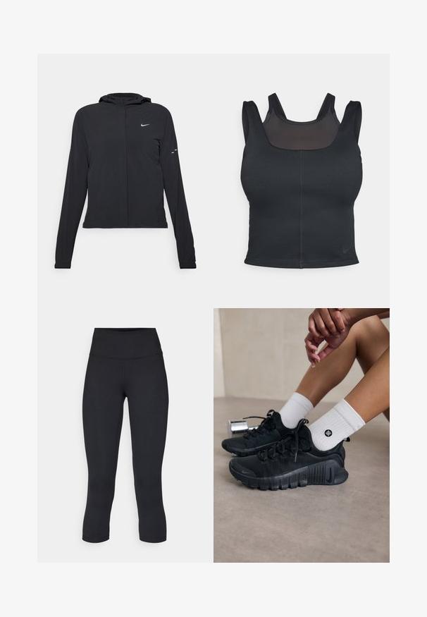 Svart huva jacka med långa ärmar, gjord av lätt material. Har en framdragare, en Nike-logotyp och subtila designelement.; Svart sport-BH med en fitted design, breda axelband och ett nätöverdrag fram. Slät textur och minimala sömmar. Nike-logotyp på fållen.; Svarta korta leggings i stretchigt material, med hög midja och slät yta, utan synliga mönster eller detaljer.; Svarta sportskor med texturerat tyg, snörning och en framträdande sula, tillsammans med vita ribbade strumpor med en liten logotyp.