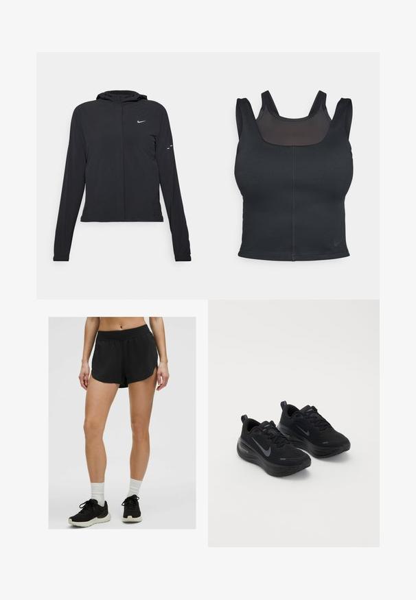 Sort hættetrøje med lange ærmer, lavet af letvægtsmateriale. Har en frontlynlås, et Nike-logo og subtile designaccenter.; Sort sportsbh med en tætsiddende design, brede stropper og et netoverlag på fronten. Glat tekstur og minimale sømme. Nike logo på kanten.; Sorte atletiske shorts med elastisk talje, en løs pasform og sideslids; båret med sorte atletiske sko og hvide ankelstrømper.; Sorte atletiksko med en tekstureret overdel, snørebåndsdesign og en tyk, polstret sål. Har et gråt Nike-logo på hver side.