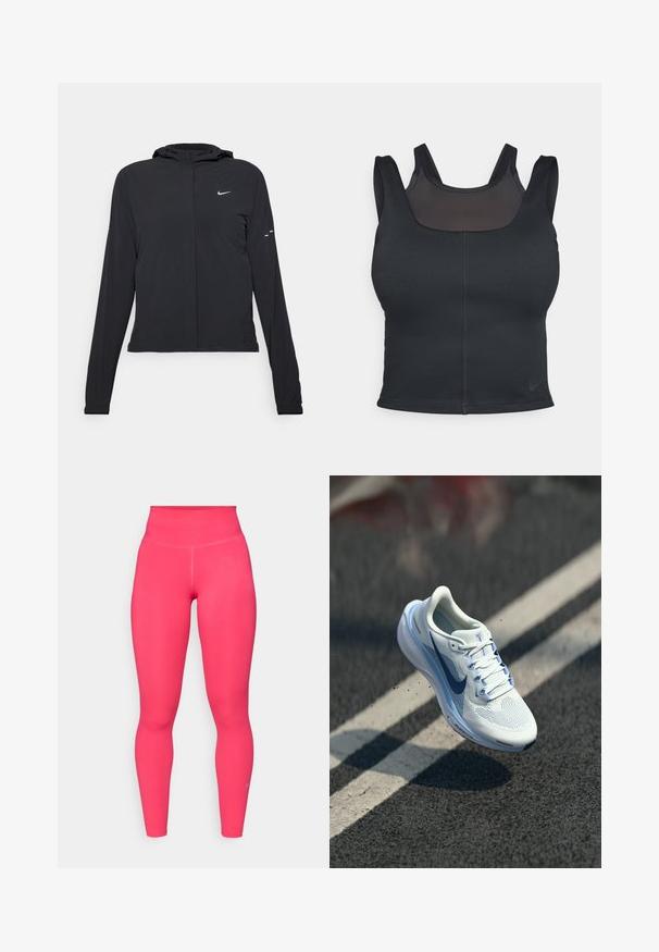 Juodas gobtuvas striukė su ilgomis rankovėmis, pagaminta iš lengvo audinio. Pasižymi priekiniais užtrauktukais, Nike logotipu ir subtiliais dizaino akcentais.; Juodas sportinis liemenukas su prigludusia forma, plačiomis petnešomis ir tinklo apdaila priekyje. Lygus paviršius ir minimalūs siūlai. Nike logotipas apačioje.; Tinkamos kelnaitės ryškiai rožinės spalvos. Pagamintos iš lygaus, elastingo audinio su aukštu liemeniu. Apatinėje kojos dalyje yra mažas logotipas.; Balti sportiniai bateliai su kvėpuojančiu tinkleliu ir mėlynomis akcentais. Su minkštu padu ir plokščiomis raištelėmis. Vidpadis su ženklu "Air Zoom".