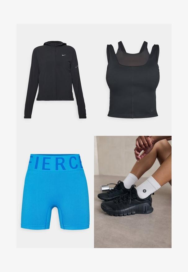 Melnā kapuci jaka ar garām piedurknēm, izgatavota no viegla materiāla. Tam ir priekšējais rāvējslēdzis, Nike logo un smalki dizaina akcenti.; Melnas sporta krūšturis ar pieguļošu dizainu, platām siksnām un acs pārklājumu priekšpusē. Gluda tekstūra un minimālas vīles. Nike logo apakšmalā.; Zilas sporta bikses, kas izgatavotas no elastīga auduma, ar platām jostām, kurās ir vārds "Fierce" tumši zilā krāsā. Gluda virsma un pieguļošs dizains.; Melnas sporta kurpes ar teksturētu audumu, saistītu dizainu un izteiktu zoli, savienotas ar baltām ribotām zeķēm ar mazu logo.