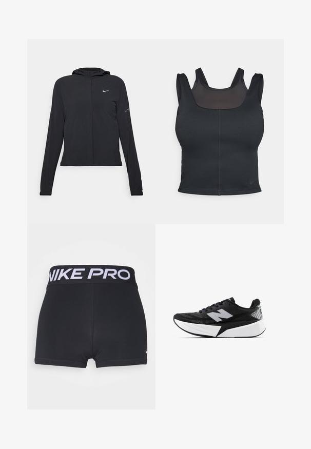 Černá kapucňová bunda s dlouhými rukávy, vyrobená z lehkého materiálu. Obsahuje přední zip, logo Nike a decentní designové akcenty.; Černá sportovní podprsenka s přiléhavým střihem, širokými ramínky a síťovaným překrytím na přední straně. Hladký povrch a minimální švy. Logo Nike na lemu.; Černé sportovní šortky s širokým černým pasem, na kterém je bíle napsáno "NIKE PRO". Je vidět hladká, elastická látka a zakončení lemů.; Černobílá běžecká bota New Balance s tlustou podrážkou, síťovaným svrškem a logem "N" na boku, sledována z vnější strany.