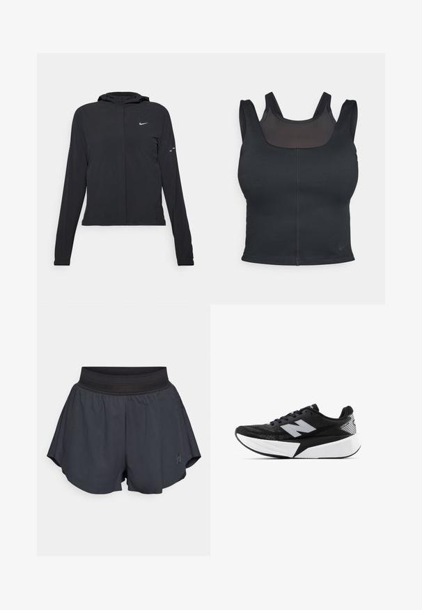 Must musta kapuutsiga jakk, millel on pikad varrukad ja mis on valmistatud kergetest materjalidest. Omab esitaskut, Nike logo ja kergelt silmatorkavaid disainiaktsente.; Mustmust milano spordirinnahoidja, millel on lähedane disain, laiad rihmad ja ees olev võrgusilm. Sile tekstuur ja minimaalne õmblus. Nike logo alläärs.; Mustad must sportlikud lühikesed püksid, millel on pehme elastne vöökoht, lõtv lõige, kerge pleatide detail külgedel ja väike logo alumisel esiosas.; Mustvalge New Balance jooksujalats, millel on paks tallar ja võrkkangast ülemine osa, ning külgvaates on näha ka „N” logo.