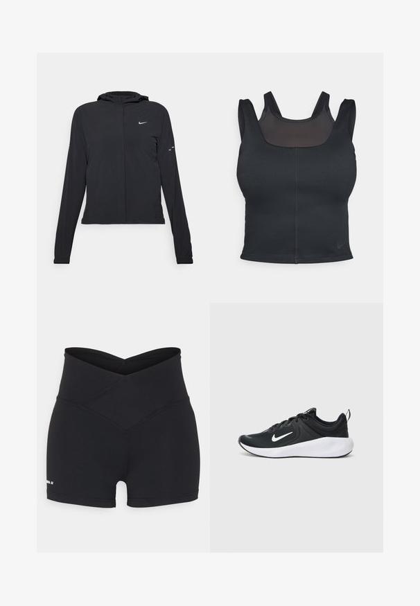 Casaco preto com capuz e mangas longas, feito de material leve. Apresenta um fecho dourado na frente, um logótipo da Nike e detalhes de design subtis.; Sutiã desportivo preto com um design ajustado, alças largas e uma sobreposição de malha na parte da frente. Textura suave e costuras mínimas. Logótipo da Nike na bainha.; Calções pretos de cintura alta feitos de um material elástico e suave, com um design cruzado na cintura e uma marcação minimalista.; Sapatilha atlética preta com parte superior em tecido respirável, logótipo swoosh branco, entressola branca lisa e sola preta texturizada.