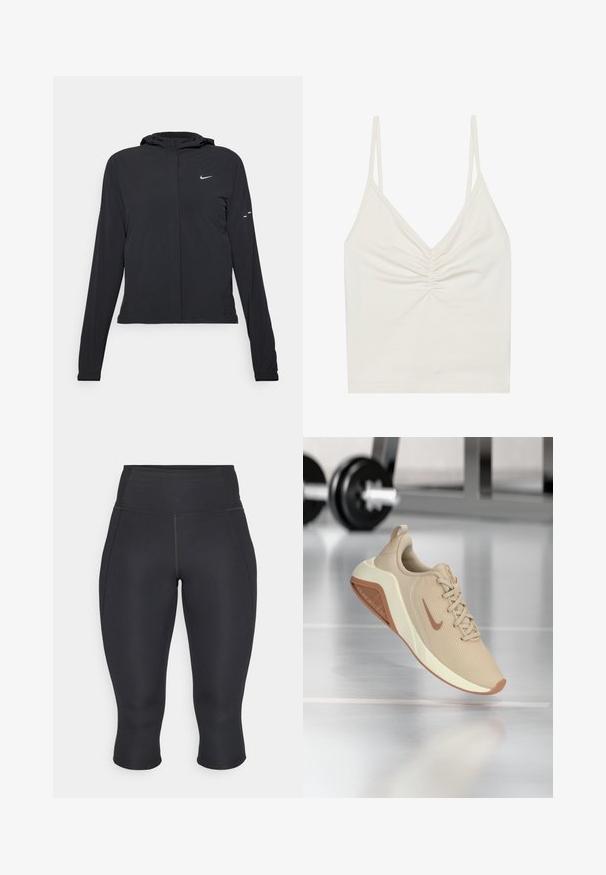 Svart hettegenser med lange ermer, laget av lett materiale. Har glidelås foran, Nike-logo og subtile design detaljer.; Hvit, ermeløs cami-top i et mykt, elastisk stoff med V-hals og rynkedetaljer i midten. Tynne stropper og glatt tekstur.; Sorte capri leggings laget av elastisk stoff. Høyt liv-design med sidesømmer og ferdig kant, glatt tekstur, ingen synlige mønstre.; Beige idrettssko med en teksturert mesh-overdel, lys farge på sålen og kontrasterende brun yttersåle, med en subtil logo på siden.