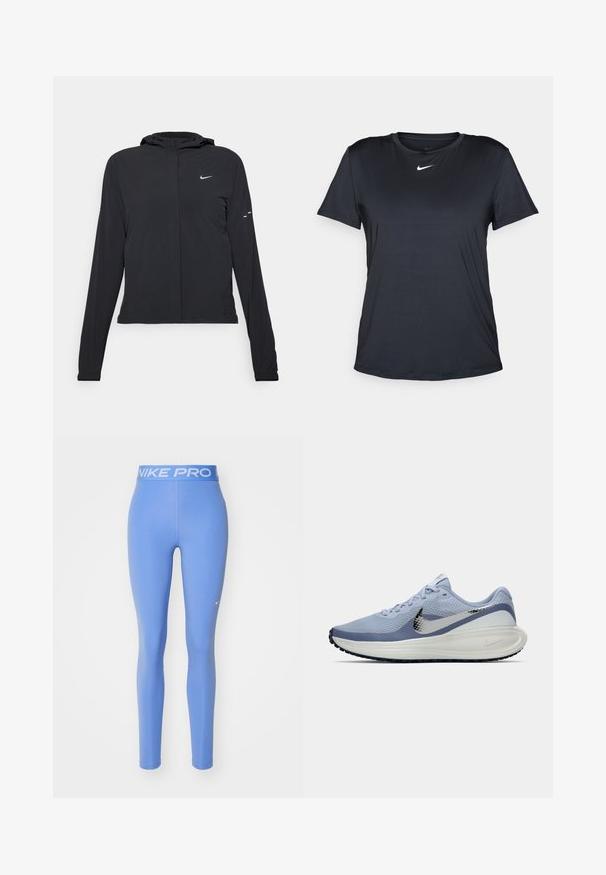 Črna kapuča s dolgimi rokavi, izdelana iz lahkega materiala. Ima sprednji zadrgo, logotip Nike in subtilne oblikovne detajle.; Črna atletska majica iz gladkega, lahkega materiala. Ima krojen ovratnik in kratke rokave ter bel Nike logo na prsih.; Nike Pro leggingi, enostavna svetlo modra barva, elastičen pas z belim besedilom "NIKE PRO", gladka tekstura, prileganje telesu.; Svetlo modra in bela tekaška čevlja Nike s srebrnim logotipom swoosh, zračnim mrežastim zgornjim delom, oblazinjenim podplatom in črnim podplatom.