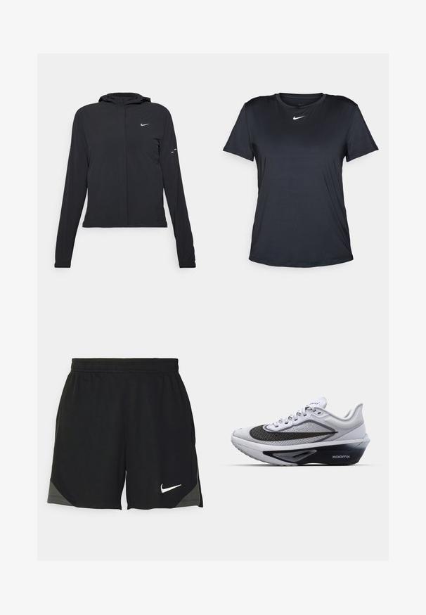 Crna jakna s kapuljačom i dugim rukavima, izrađena od laganog materijala. Ima prednji patentni zatvarač, Nike logo i suptilne dizajnerske detalje.; Crna atletska majica s kratkim rukavima izrađena od glatkog, laganog materijala. Ima okrugli izrez i kratke rukave s bijelim Nike logotipom na prsima.; Crne sportske kratke hlače od lagane tkanine, s teksturiranim uzorkom, elastičnim pojasom i bijelim Nike logotipom na rubu.; Bijela atletska cipela s mrežastim gornjim dijelom, koja ima crni zakrivljeni swoosh, potplat s ZoomX amortizacijom i teksturiran dizajn za prozračnost.