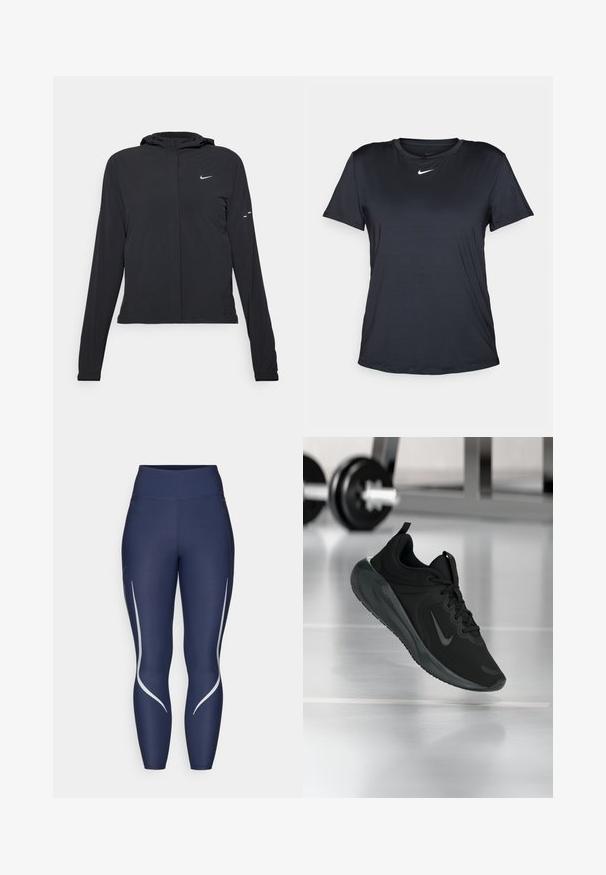 Svart huva jacka med långa ärmar, gjord av lätt material. Har en framdragare, en Nike-logotyp och subtila designelement.; Svart Nike T-shirt med korta ärmar, rund halsringning, tillverkad av slät tyg, med en liten vit logga på bröstet.; Marina leggings gjorda av elastiskt tyg med hög midja. Har vita accentlinjer längs sidorna och en mjuk, slät textur.; Svarta sportskor med Nike-logotyp, visade mitt i luften på gymgolvet, med en suddig hantelställning i bakgrunden.