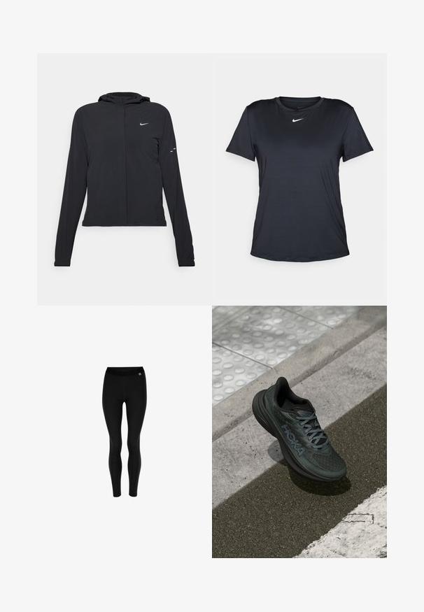Schwarze Kapuzenjacke mit langen Ärmeln, aus leichtem Material gefertigt. Sie hat einen vorderen Reißverschluss, ein Nike-Logo und dezente Designelemente.; Schwarzes Nike T-Shirt mit kurzen Ärmeln, rundem Ausschnitt, hergestellt aus glattem Stoff, mit kleinem weißem Logo auf der Brust.; Schwarze Leggings aus dehnbarem Stoff, mit hohem Bund und glatter Textur. Keine Muster; schlichtes und figurbetontes Design.; Schwarzer Laufschuh mit Mesh-Obermaterial, strukturierten Akzenten und Logo, mit einer gepolsterten Sohle und grauen Schnürsenkeln, auf Asphalt platziert.