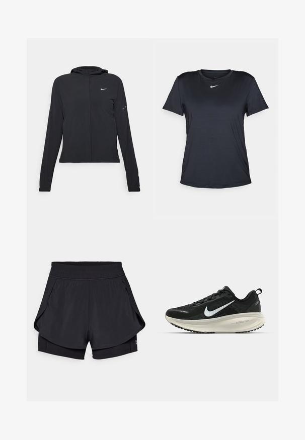 Svart hettegenser med lange ermer, laget av lett materiale. Har glidelås foran, Nike-logo og subtile design detaljer.; Svart Nike T-skjorte med korte ermer, rund hals, laget av glatt stoff, med en liten hvit logo på brystet.; Svart treningshorts med elastisk midje, lagdelt design og glat tekstur. De indre shorts er tætsiddende, mens de ydre shorts har en løs pasform.; Svart Nike løpesko med pustende mesh-overdel, hvit swoosh-logo, teksturert detaljer og en kremfarget ZoomX mellomsåle.