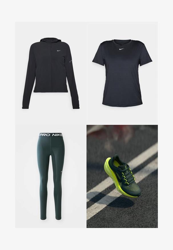Sort hættetrøje med lange ærmer, lavet af letvægtsmateriale. Har en frontlynlås, et Nike-logo og subtile designaccenter.; Sort Nike T-shirt med korte ærmer, rund halsudskæring, lavet af glat stof, med en lille hvid logo på brystet.; Mørkegrønne leggings lavet af strækbart materiale, med en bred talje med "PRO NIKE" logo og en lille hvid Nike swoosh på siden.; Mørkegrønne og neon-gule Nike løbesko i luften over asfalt med hvide vejmarkeringer, der sparker små jordpartikler op.