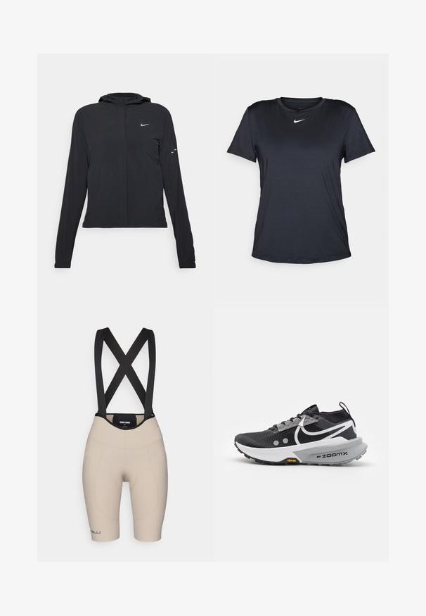 Črna kapuča s dolgimi rokavi, izdelana iz lahkega materiala. Ima sprednji zadrgo, logotip Nike in subtilne oblikovne detajle.; Črna Nike majica s kratkimi rokavi, okrolim izrezom, izdelana iz gladkega materiala, z majhnim belim logotipom na prsih.; Bež kolesarske kratke hlače z črnimi elastičnimi naramnicami. Gladka tekstura, prilegajoča se zasnova, z vložkom za udobje in blagovno znamko na nogi.; Črne tekaške čevlje z mrežno zgornjico, odsevnimi detajli in belim podplatom. Opremljeni so z Vibram podplatom in ZoomX tehnologijo blaženja.