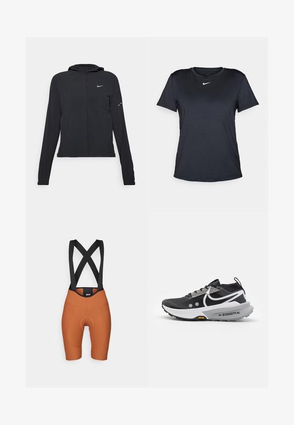 Fekete kapucnis dzseki hosszú ujjakkal, könnyű anyagból készült. Elülső cipzárral, Nike logóval és diszkrét dizájn elemekkel rendelkezik.; Fekete Nike rövid ujjú póló, kerek nyakkivágással, sima anyagból, kis fehér logóval a mellkason.; Narancssárga bibnadrág fekete elasztikus pántokkal, párnázott ülőrész, testhezálló kialakítás és sima textúra. Nincsenek látható logók vagy minták.; Fekete futócipő, hálós felsőrésszel, visszaverő részletekkel és fehér középtalppal. Vibram talp és ZoomX párnázási technológia jellemzi.