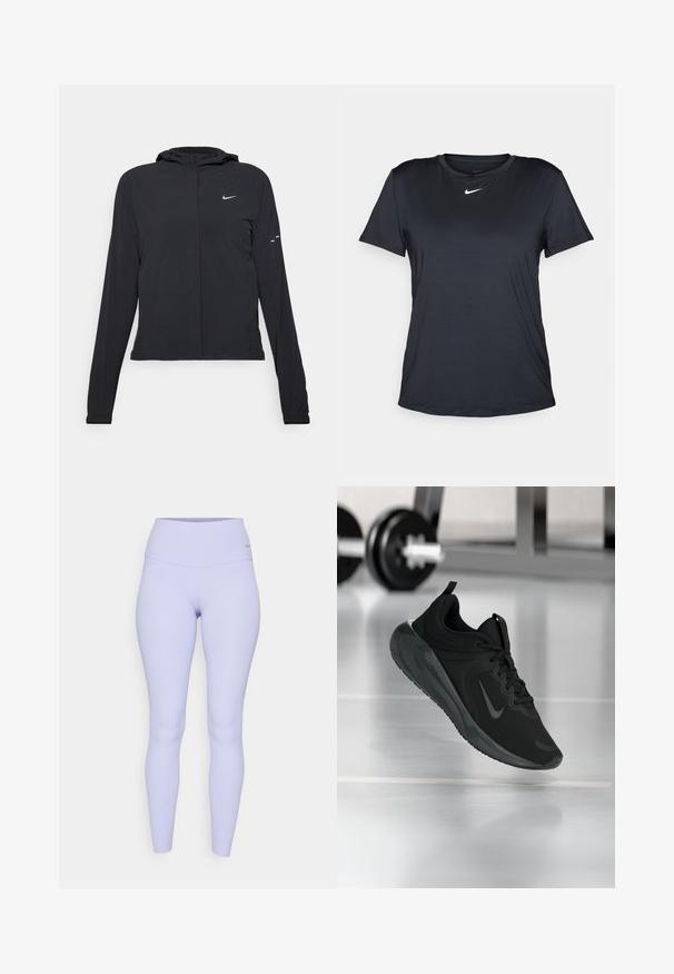 Casaco preto com capuz e mangas longas, feito de material leve. Apresenta um fecho dourado na frente, um logótipo da Nike e detalhes de design subtis.; T-shirt preta da Nike com mangas curtas, decote redondo, feita de tecido liso, com um pequeno logótipo branco no peito.; Leggings lilás claros com uma cintura alta, feitas de um tecido elástico. Textura suave e sem padrões visíveis ou detalhes de metal.; Sapatilha desportiva preta com o logotipo da Nike, mostrada em pleno ar sobre o chão do ginásio, com um suporte de halteres desfocado ao fundo.