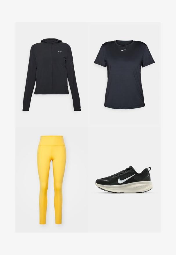 Czarna kurtka z kapturem, z długimi rękawami, wykonana z lekkiego materiału. Posiada zamek błyskawiczny z przodu, logo Nike oraz subtelne akcenty wzornicze.; Czarny T-shirt Nike z krótkimi rękawami, okrągłym dekoltem, wykonany z gładkiej tkaniny, z małym białym logo na piersi.; Girlfriend Collective - Rajstopy; Czarna biegowa półbut z oddychającej siateczki, białym logo swoosh, teksturowanymi detalami oraz kremową podeszwą środkową ZoomX.