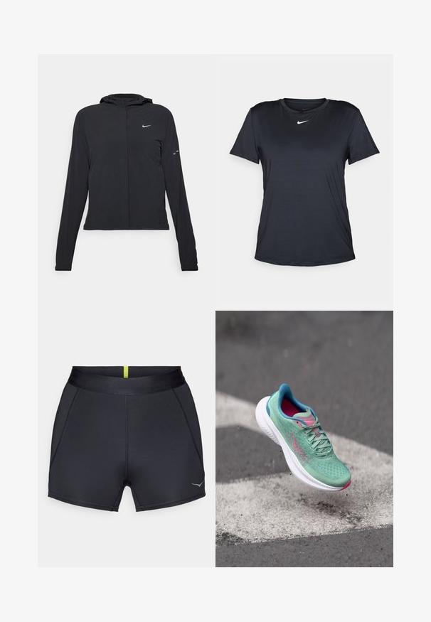 Fekete kapucnis dzseki hosszú ujjakkal, könnyű anyagból készült. Elülső cipzárral, Nike logóval és diszkrét dizájn elemekkel rendelkezik.; Fekete Nike rövid ujjú póló, kerek nyakkivágással, sima anyagból, kis fehér logóval a mellkason.; Fekete sportnadrág sima textúrával, széles gumis derékkal és karcsú szabással. A hátsó részen egy vékony sárga csík látható.; Könnyű futócipő menta zöld hálós anyagból, rózsaszín kiegészítőkkel, fehér talppal, struktúrált felülettel és logóval az oldalon.
