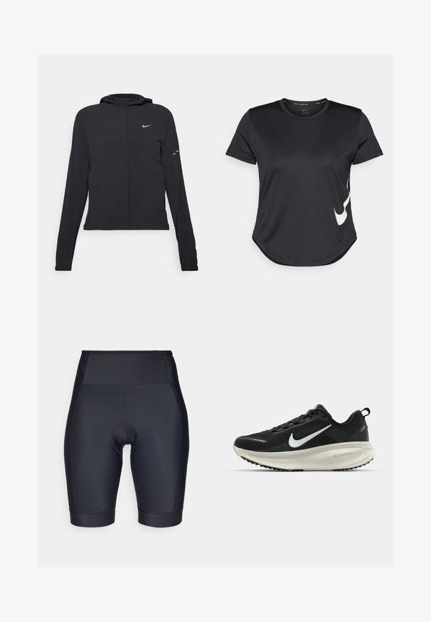 Veste à capuche noire avec des manches longues, fabriquée en matériau léger. Elle comporte une fermeture éclair à l'avant, un logo Nike et des accents de design subtils.; T-shirt de sport noir à manches courtes, arborant un logo Nike swoosh blanc sur le bas et un ourlet arrondi.; Shorts de cyclisme noirs en tissu lisse et extensible. Design taille haute avec un rembourrage et des détails de couture.; Baskets de course noir Nike avec tige respirante en mesh, logo swoosh blanc, détails texturés et semelle intermédiaire ZoomX de couleur crème.