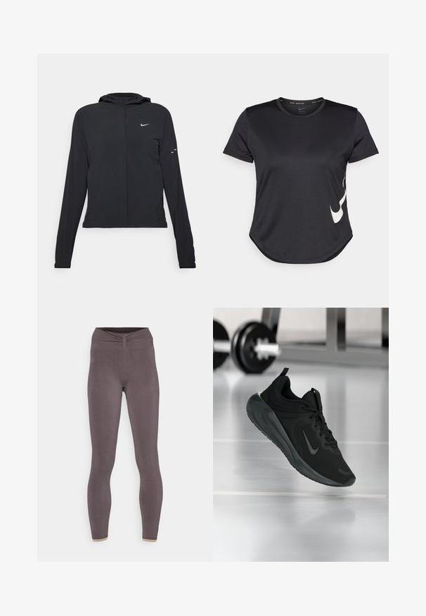 Czarna kurtka z kapturem, z długimi rękawami, wykonana z lekkiego materiału. Posiada zamek błyskawiczny z przodu, logo Nike oraz subtelne akcenty wzornicze.; Czarny sportowy t-shirt z krótkim rękawem, z białym logo Nike w kształcie Swoosh na dolnej stronie i okrągłym dołem.; Yogasearcher CHENDA ciemnoszary; Czarny sportowy sneaker z logo Nike, pokazany w powietrzu na podłodze siłowni, z rozmytym regałem z hantlami w tle.