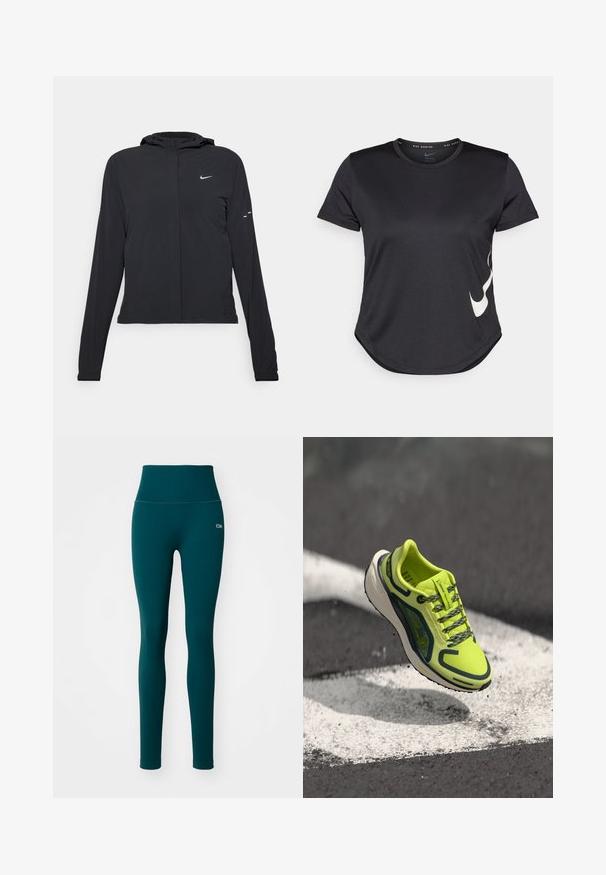 Zwarte kaptrui met lange mouwen, gemaakt van lichtgewicht materiaal. Voorzien van een ritssluiting aan de voorkant, een Nike-logo en subtiele ontwerpelementen.; Zwarte sportieve T-shirt met korte mouwen, voorzien van een witte Nike swoosh-logo aan de onderzijde en een ronde zoom.; Teal hoge taille legging gemaakt van ribstof. Heeft een gladde textuur en een klein logo op de linkse heup. Geen patronen of versieringen.; Neongele hardloopschoen met een ademend mesh bovenwerk, contrasterende donkere accenten, gestructureerde veters en een gewatteerde witte tussenzool.