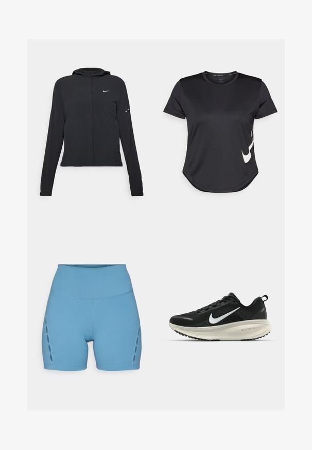 Fekete kapucnis dzseki hosszú ujjakkal, könnyű anyagból készült. Elülső cipzárral, Nike logóval és diszkrét dizájn elemekkel rendelkezik.; Fekete sportpóló rövid ujjal, az alsó részén fehér Nike pipa logóval és lekerekített hem.; Kék sportos sort rugalmas anyagból. Magas derék, formázott kialakítás, dekoratív kivágott részletekkel az oldalán.; Fekete Nike futócipő légáteresztő hálós felsőrésszel, fehér Swoosh logóval, textúrázott részletekkel és krém színű ZoomX középtalppal.
