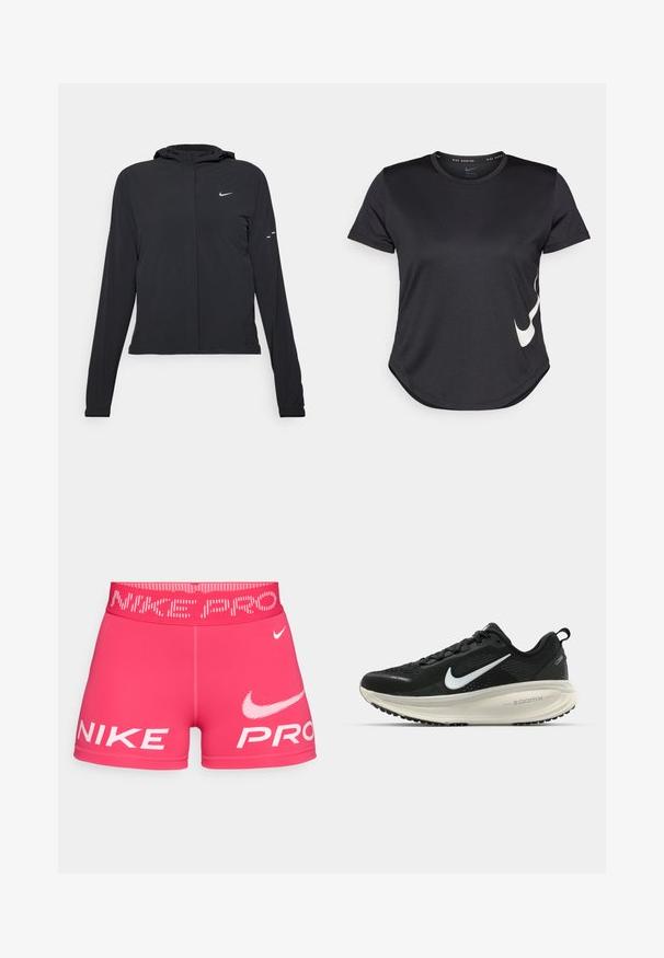 Črna kapuča s dolgimi rokavi, izdelana iz lahkega materiala. Ima sprednji zadrgo, logotip Nike in subtilne oblikovne detajle.; Črna atletska majica s kratkimi rokavi, z belim Nike swoosh logotipom na spodnji strani in okroglo obrobo.; Roza atletska kratka hlače s širokim pasom z logotipom. Imajo drzne bele oznake "NIKE" in "PRO" spredaj ter gladko, raztegljivo tkanino.; Črne Nike tekaške čevlje z zračno mrežno zgornjim delom, belim logotipom Swoosh, teksturiranimi detajli in smetanasto barvnim srednjim delom ZoomX.