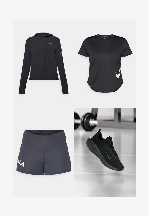 Črna kapuča s dolgimi rokavi, izdelana iz lahkega materiala. Ima sprednji zadrgo, logotip Nike in subtilne oblikovne detajle.; Črna atletska majica s kratkimi rokavi, z belim Nike swoosh logotipom na spodnji strani in okroglo obrobo.; Temno sivi atletski šorts z širšim pasom in kontrastnim belim logotipom. Gladka tekstura, prilegajoča zasnova in minimalni šivi.; Črne športne teniske z logotipom Nike, prikazane v zraku na telovadni talni površini, v ozadju pa zamegljena vrsta uteži.