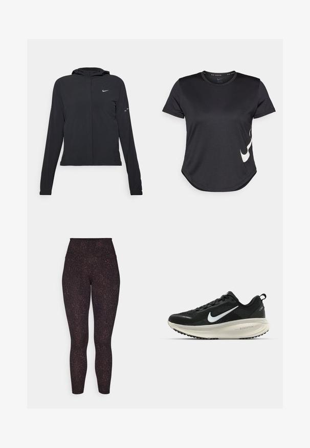 Melnā kapuci jaka ar garām piedurknēm, izgatavota no viegla materiāla. Tam ir priekšējais rāvējslēdzis, Nike logo un smalki dizaina akcenti.; Melnas sporta T-krekls ar īsām piedurknēm, kuram uz apakšējās daļas ir balts Nike swoosh logotips un noapaļota apakšmala.; Augstiem vidukļa legingi tumšā dzīvnieku drukas rakstā, ar gludu tekstūru un pieguļošu dizainu.; Melnas Nike skriešanas kurpes ar elpojošu acs augšdaļu, baltu Swoosh logotipu, strukturētu apdari un krēmkrāsas ZoomX starpsole.