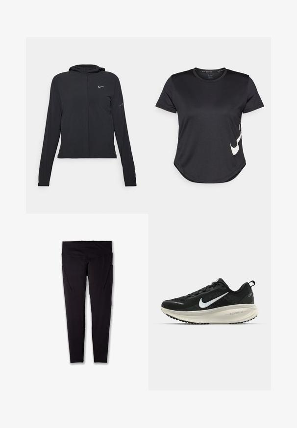 Črna kapuča s dolgimi rokavi, izdelana iz lahkega materiala. Ima sprednji zadrgo, logotip Nike in subtilne oblikovne detajle.; Črna atletska majica s kratkimi rokavi, z belim Nike swoosh logotipom na spodnji strani in okroglo obrobo.; Črne športne legice z visokim pasom, izdelane iz raztegljivega materiala, z stranskimi žepi in ravnimi šivi za gladek prileganje.; Črne Nike tekaške čevlje z zračno mrežno zgornjim delom, belim logotipom Swoosh, teksturiranimi detajli in smetanasto barvnim srednjim delom ZoomX.