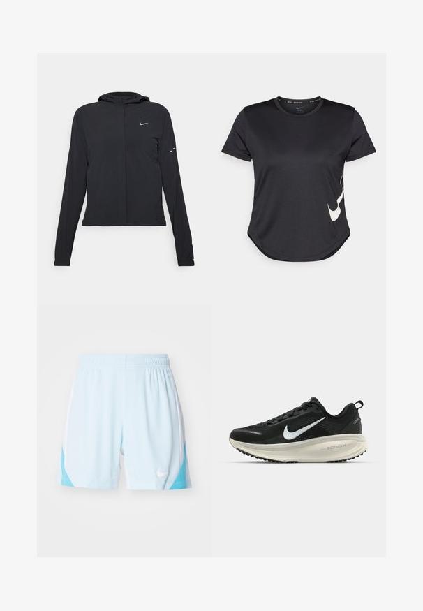 Chaqueta negra con capucha y mangas largas, hecha de un material ligero. Presenta un cierre frontal, un logo de Nike y acentos de diseño sutiles.; Camiseta deportiva negra de manga corta, con un logo de swoosh blanco de Nike en el lado inferior y un dobladillo redondeado.; Pantalones cortos deportivos de color azul claro con paneles laterales blancos, cintura elástica y logo de Nike. Presentan una textura suave y un diseño deportivo.; Zapatilla de running Nike negra con parte superior de malla transpirable, logo Swoosh blanco, detalles texturizados y una entresuela ZoomX de color crema.