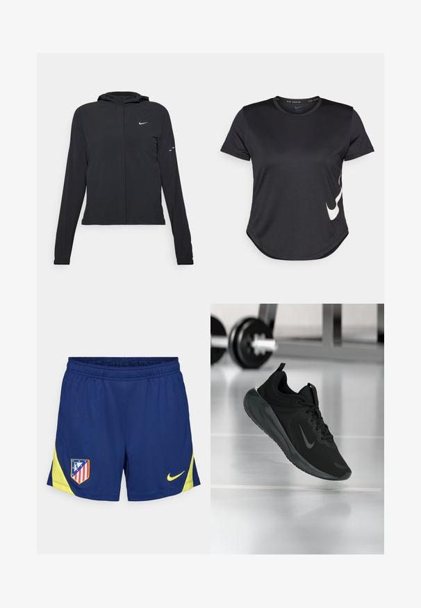 Mustassa hupparissa on pitkät hihat, ja se on valmistettu kevyestä materiaalista. Siinä on edessä vetoketju, Nike-logo ja hillityt muotoiluyksityiskohdat.; Musta urheilupaita, jossa on lyhyet hihat, ja jossa on valkoinen Nike-swoosh-logo alareunassa sekä pyöristetty helma.; Tummansinisiä urheilushorteja, joissa on keltaisia yksityiskohtia. Bandelet on joustava ja sivupaneelit on integroitu. Vasemmassa reidessä brodeerattu seuran logo.; Musta urheilusneekeri, jossa on Nike-logo, esitetty ilmassa kuntosalilattialla, taustalla sumea käsipainohylly.