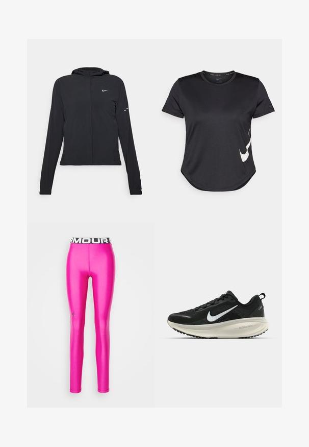 Mustassa hupparissa on pitkät hihat, ja se on valmistettu kevyestä materiaalista. Siinä on edessä vetoketju, Nike-logo ja hillityt muotoiluyksityiskohdat.; Musta urheilupaita, jossa on lyhyet hihat, ja jossa on valkoinen Nike-swoosh-logo alareunassa sekä pyöristetty helma.; Under Armour HEATGEAR - Trikoot - astro pink; Mustat Nike-juoksukengät, joissa on hengittävä verkko-osa, valkoinen swoosh-logo, teksturoitu yksityiskohtaus ja kermaisen värinen ZoomX-välipohja.