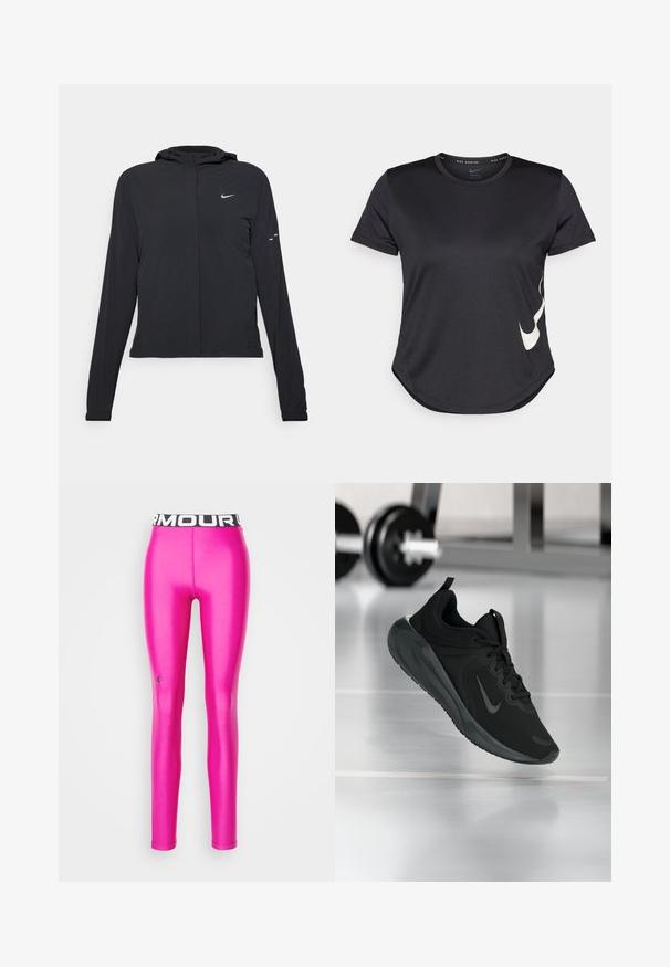 Giacca nera con cappuccio e maniche lunghe, realizzata in materiale leggero. Presenta una zip frontale, il logo Nike e accenti di design sottili.; Maglietta sportiva nera a maniche corte, con il logo swoosh bianco di Nike sul lato inferiore e un orlo arrotondato.; Under Armour HEATGEAR - Leggings - astro pink; Sneaker sportivo nero con logo Nike, mostrato in volo su un pavimento da palestra, con un supporto per pesi sfocato sullo sfondo.