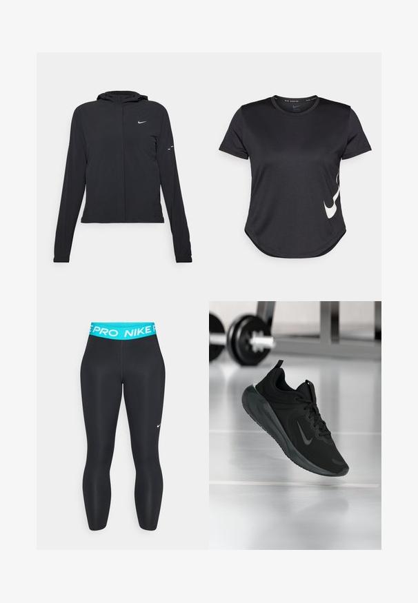 Črna kapuča s dolgimi rokavi, izdelana iz lahkega materiala. Ima sprednji zadrgo, logotip Nike in subtilne oblikovne detajle.; Črna atletska majica s kratkimi rokavi, z belim Nike swoosh logotipom na spodnji strani in okroglo obrobo.; Črne športne pajkice z turkiznim pasom označenim z "NIKE PRO." Imajo gladko teksturo in prilegajočo silhueto.; Črne športne teniske z logotipom Nike, prikazane v zraku na telovadni talni površini, v ozadju pa zamegljena vrsta uteži.
