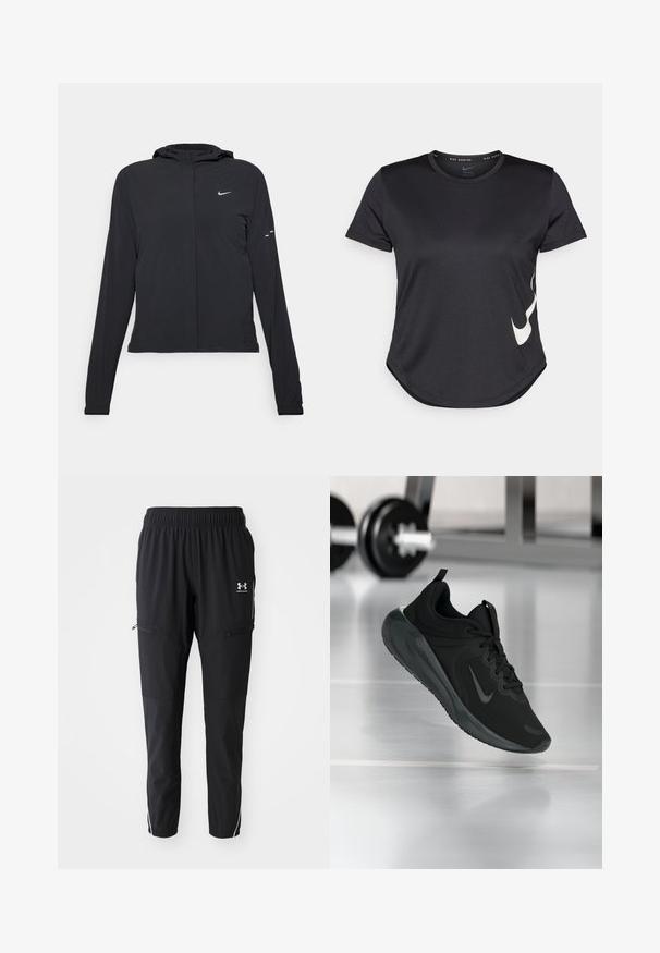 Crna jakna s kapuljačom i dugim rukavima, izrađena od laganog materijala. Ima prednji patentni zatvarač, Nike logo i suptilne dizajnerske detalje.; Crna atletska majica kratkih rukava, s bijelim Nike swoosh logotipom na donjoj strani i zaobljenim rubom.; Crne sportske hlače s elastičnim pojasom, bočnim džepovima sa patentnim zatvaračima i kontrastnim bijelim prugama duž bokova. Lagani materijal.; Crna sportska tenisica s Nike logotipom, prikazana u zraku na podu teretane, s mutnom stalcem za bučice u pozadini.