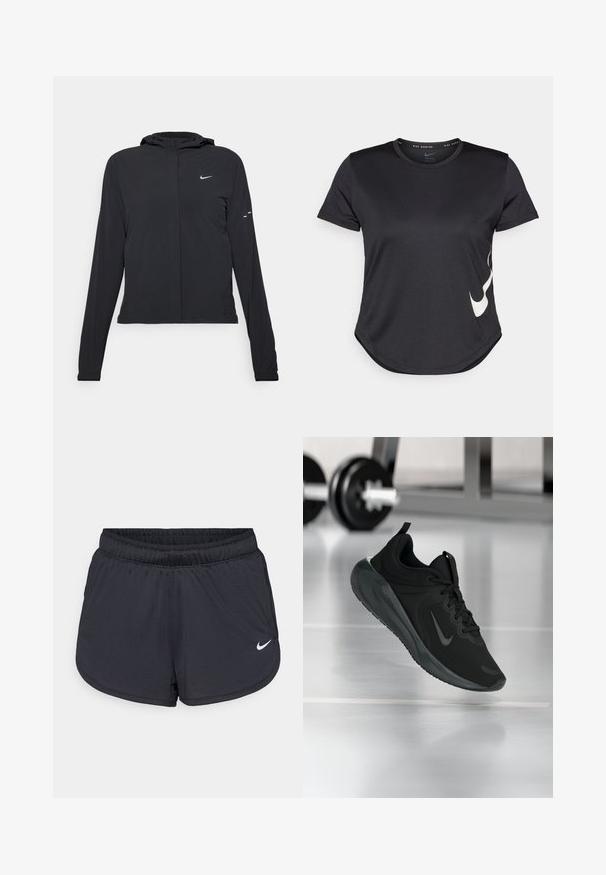 Jachetă neagră cu glugă, cu mâneci lungi, fabricată din material ușor. Dispune de un fermoar frontal, un logo Nike și accente de design subtile.; Tricou sport negru cu mâneci scurte, având un logo alb Nike swoosh pe partea inferioară și o margine rotunjită.; Pantaloni scurți atletici negri cu talie elastică, cu un design sportiv și logo-ul alb Nike pe partea frontală inferioară. Material texturat.; Tenisii sport negru cu logo-ul Nike, arătați în aer deasupra podelei de sală de sport, cu un suport pentru haltere neclar în fundal.