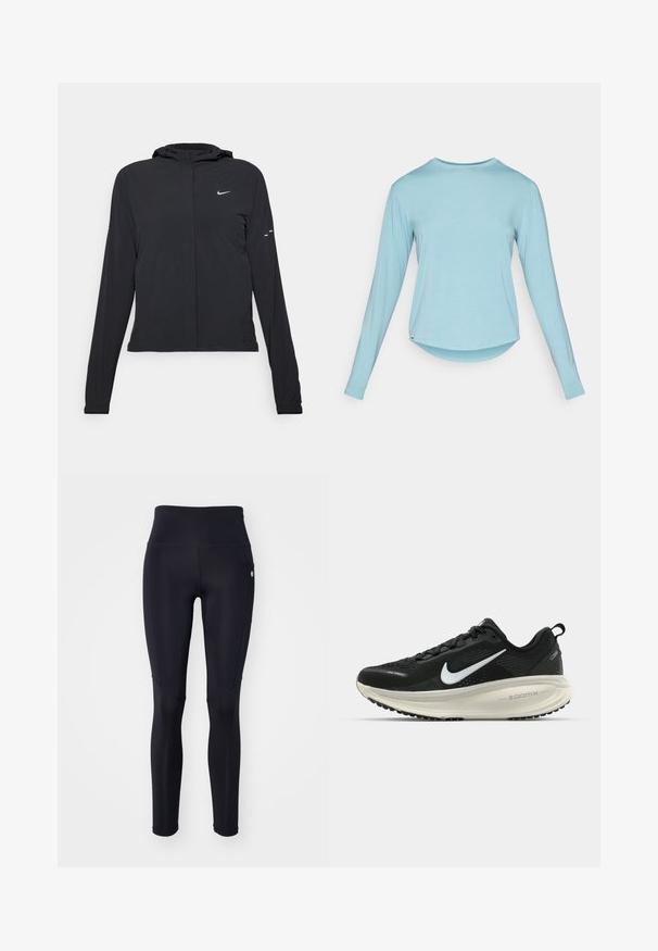 Casaco preto com capuz e mangas longas, feito de material leve. Apresenta um fecho dourado na frente, um logótipo da Nike e detalhes de design subtis.; Camiseta de manga longa azul clara com decote redondo e bainha ligeiramente arredondada, exibida de forma plana contra um fundo branco.; Leggings pretas feitos de um tecido elástico, com uma cintura alta e um bolso lateral, apresentando uma textura suave e um design ajustado.; Sapatilha de corrida Nike preta com parte superior de malha respirável, logotipo Swoosh branco, detalhes texturizados e uma entressola ZoomX na cor creme.