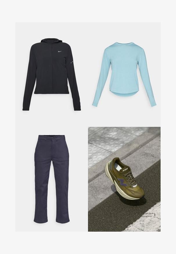 Must musta kapuutsiga jakk, millel on pikad varrukad ja mis on valmistatud kergetest materjalidest. Omab esitaskut, Nike logo ja kergelt silmatorkavaid disainiaktsente.; Hele sinine pikkade varrukatega crew neck särk, millel on veidi kaardus serv, asetatud tasasele valgele taustale.; Tumesinised puuvillased püksid otse sääre lähenemisega, millel on vöökohad, kaks esimest taskut ja nööpkinnitus. Ei ole nähtavaid mustreid ega aksessuaare.; Oliivroheline spordijalats, millel on hingav ülemine võrk, pehme vahekiht, lilla logo aktsent ja tekstuuriga kummine välistald haarde jaoks.