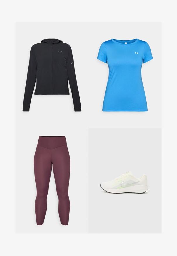 Svart hettegenser med lange ermer, laget av lett materiale. Har glidelås foran, Nike-logo og subtile design detaljer.; Blå kortermet treningsskjorte med rund hals og liten hvit Under Armour-logo på øvre bryst.; Høyt liv, tettsittende leggings i en dyp burgunderfarge. Laget av glatt, elastisk stoff uten synlige mønstre eller metallkomponenter.; Nike Performance DOWNSHIFTER 13 - Løpesko for vei - sail/silver-coloured photon dust/summit white/barely volt/black