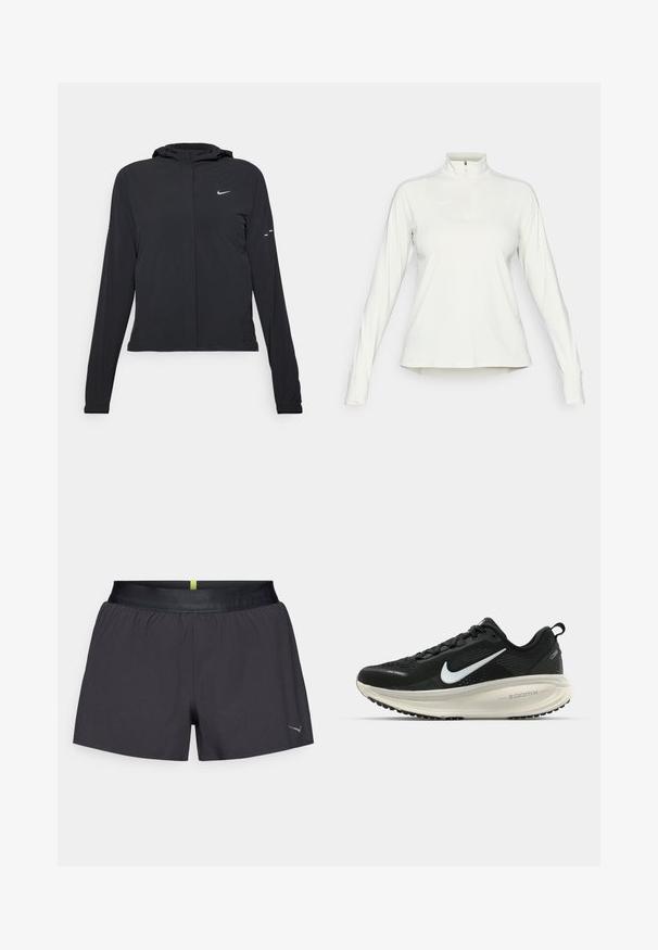 Must musta kapuutsiga jakk, millel on pikad varrukad ja mis on valmistatud kergetest materjalidest. Omab esitaskut, Nike logo ja kergelt silmatorkavaid disainiaktsente.; Valge pikkade varrukatega sportlik pullover kõrge kaelusega ja ettepoole neljanda lukuga, millel on vasakul rindkere kohal diskreetne logo ja varrukatel resurssaukud.; Mustad mustad lühikesed püksid elastse vöökoha ja tagasi peene rohelise aktsendiga. Valmistatud kergest kangast, mille alläärd on logo.; Musthave mustus Nike jooksujalats, millel on hingav võrgust ülemine osa, valge swoosh logo, tekstuuriga detailid ja kreemja värvusega ZoomX vahevöö.