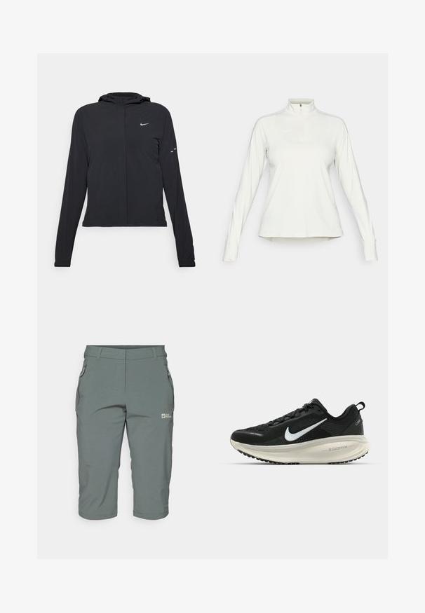 Must musta kapuutsiga jakk, millel on pikad varrukad ja mis on valmistatud kergetest materjalidest. Omab esitaskut, Nike logo ja kergelt silmatorkavaid disainiaktsente.; Valge pikkade varrukatega sportlik pullover kõrge kaelusega ja ettepoole neljanda lukuga, millel on vasakul rindkere kohal diskreetne logo ja varrukatel resurssaukud.; Hallid hallid õuesõbrad, millel on lukuga tasku, sirge lõige ja kerge, hingav kangas, millel on sile tekstuur.; Musthave mustus Nike jooksujalats, millel on hingav võrgust ülemine osa, valge swoosh logo, tekstuuriga detailid ja kreemja värvusega ZoomX vahevöö.