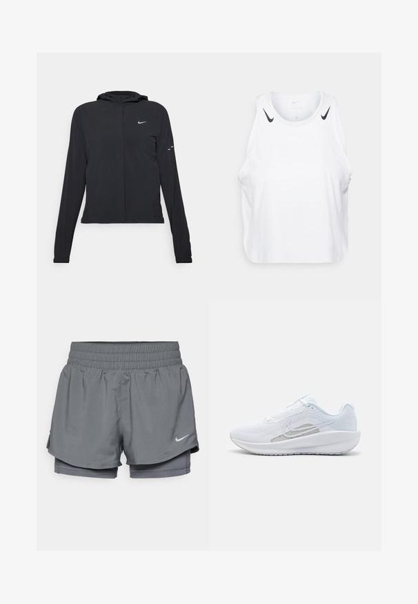Črna kapuča s dolgimi rokavi, izdelana iz lahkega materiala. Ima sprednji zadrgo, logotip Nike in subtilne oblikovne detajle.; Bela brezrokavnik iz lahkega materiala, s črnimi Nike logotipnimi poudarki na ramenih, okroglo ovratnico in sproščenim krojem.; Nike Performance ONE - Kratke hlače 2 v 1 - iron grey/reflective silver; Bela športna čevlja z mrežastim zgornjim delom, zaobljenim nosom in teksturiranim podplatom. Ima srebrni Nike znak in minimalističen dizajn.