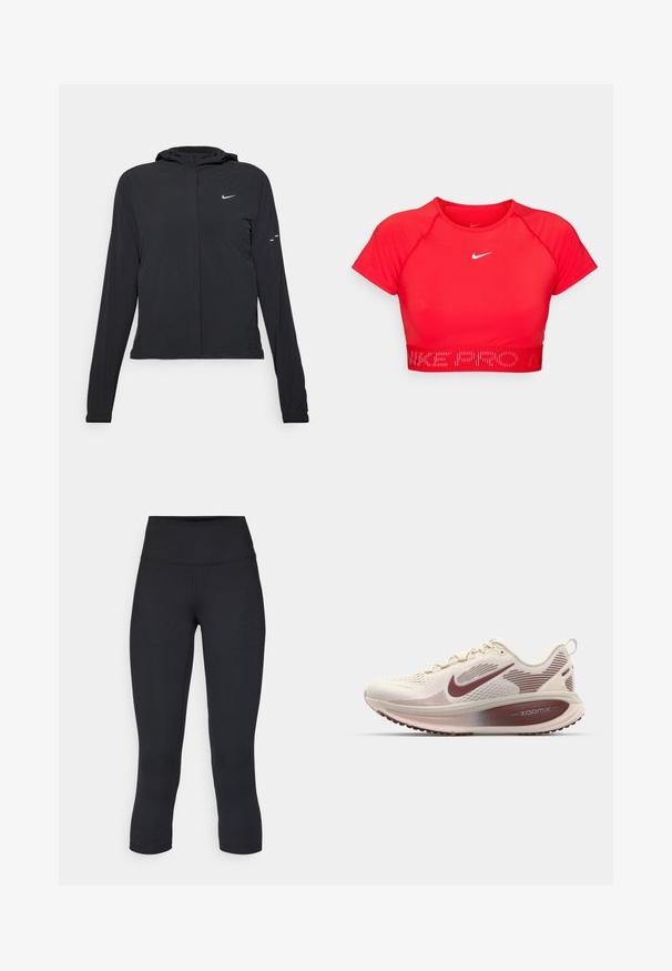 Must musta kapuutsiga jakk, millel on pikad varrukad ja mis on valmistatud kergetest materjalidest. Omab esitaskut, Nike logo ja kergelt silmatorkavaid disainiaktsente.; Punane lühikeste varrukatega kroppinud sportlik särk, mis on valmistatud staatilisest materjalist. Omab valget Nike logo ja tekstuurset vööosa, millel on kiri "NIKE PRO".; Mustad mustad õhukesed leggingud, mis on valmistatud venivast kangast, kõrge vöökoha ja siledaga, ilma nähtavate mustrite või metalldetailideta.; Nike Performance VOMERO 18 - Maanteejooksu jalatsid - pale ivory/dark team red/red sepia/silt red/phantom