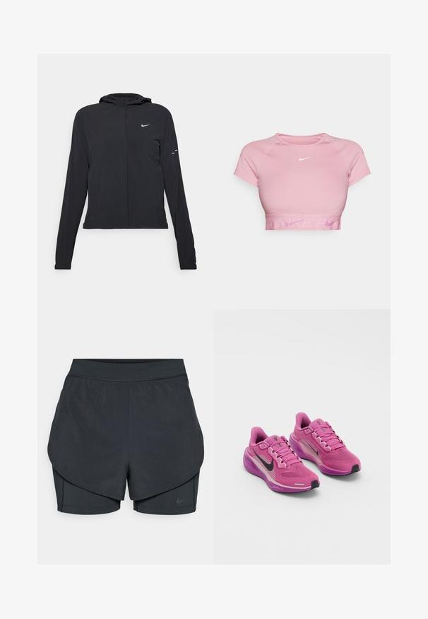 Black hooded jacket with long sleeves, made from lightweight material. Features a front zipper, a Nike logo, and subtle design accents.; Short pink crop top with short sleeves, ribbed hem, and a white Nike logo on the chest. Smooth fabric with a fitted design.; Black athletic shorts with a layered design, featuring a smooth outer layer and fitted inner shorts. Made of lightweight, stretch fabric.; Pink athletic shoes with mesh fabric upper, black Nike swoosh, padded collar, and cushioned sole. Features reflective accents and laces.