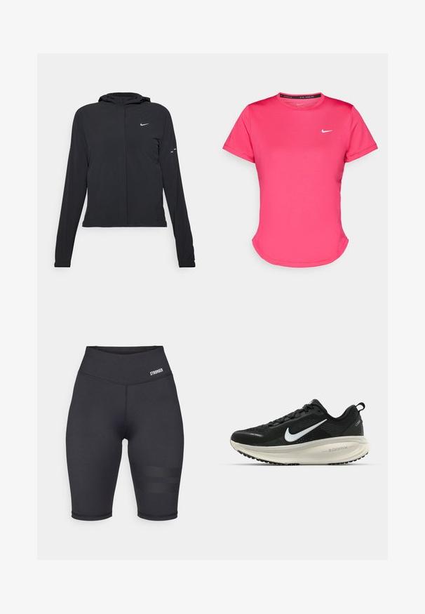 Svart hettegenser med lange ermer, laget av lett materiale. Har glidelås foran, Nike-logo og subtile design detaljer.; Kortermet rosa treningst-skjorte laget av et glatt, lett stoff. Har en liten hvit Nike-logo på brystet og en subtil buet hem.; Svart høydejusterbare treningsshorts med en glatt tekstur, featuring et elastisk liv og stripete detaljer på siden. Logo på liv. ; Svart Nike løpesko med pustende mesh-overdel, hvit swoosh-logo, teksturert detaljer og en kremfarget ZoomX mellomsåle.