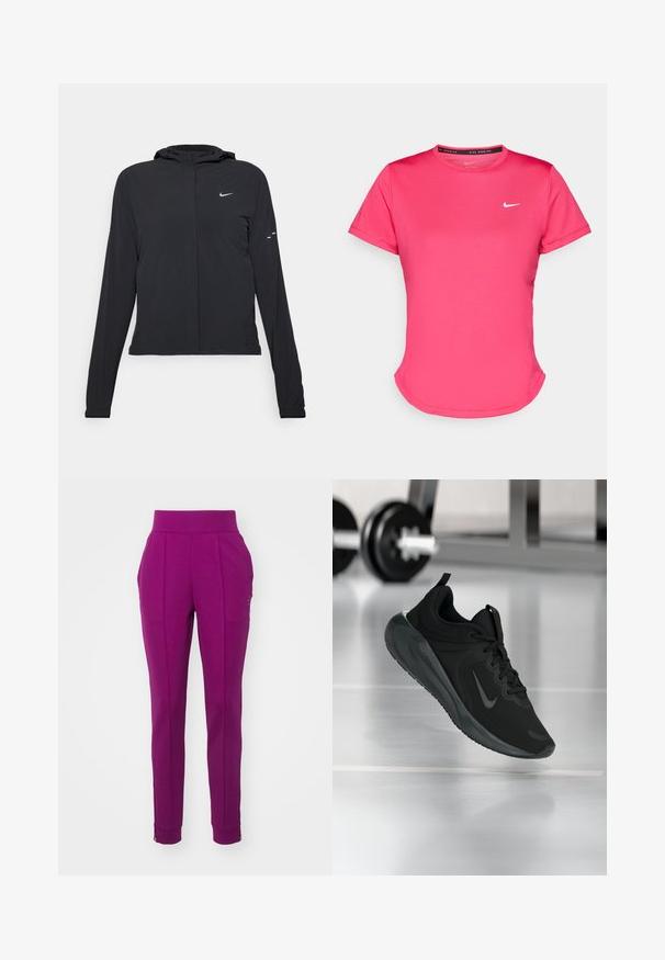 Black hooded jacket with long sleeves, made from lightweight material. Features a front zipper, a Nike logo, and subtle design accents.; Short-sleeve pink athletic t-shirt made of a smooth, lightweight fabric. Features a small white Nike logo on the chest and subtle curved hem.; Nike Performance HERITAGE PANT - Tracksuit bottoms - sangria; Black sports sneaker with Nike logo, shown mid-air on gym floor, with blurred dumbbell rack in background.