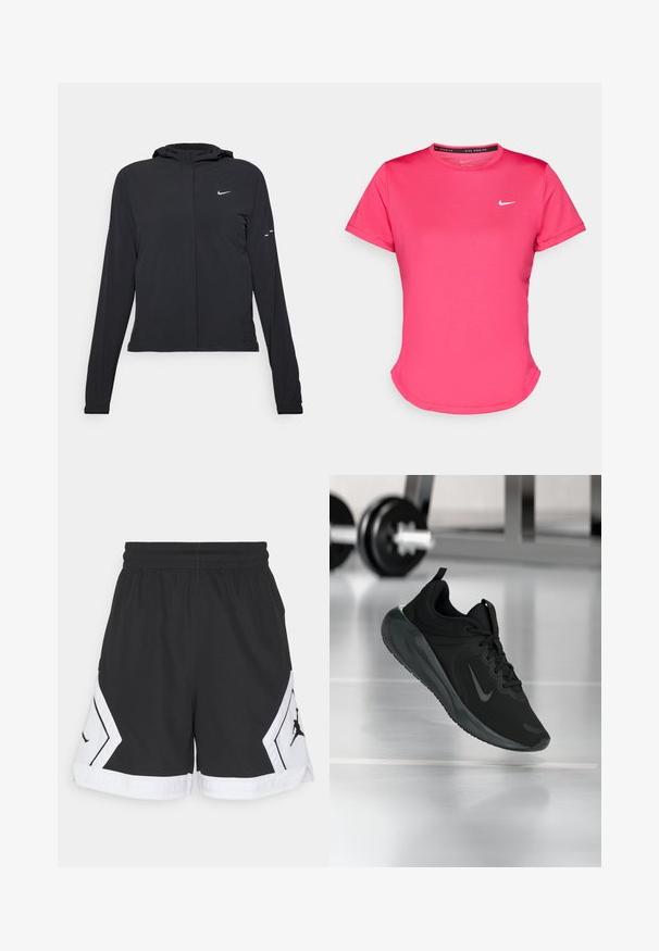 Fekete kapucnis dzseki hosszú ujjakkal, könnyű anyagból készült. Elülső cipzárral, Nike logóval és diszkrét dizájn elemekkel rendelkezik.; Rövid ujjú rózsaszín sportpóló, sima, könnyű anyagból készült. Kicsi, fehér Nike logó található a mellkason, és diszkrét ívelt szegély jellemzi.; Fekete sportnadrág légáteresztő anyagból, fehér díszítéssel és fekete logóval az oldalon, elasztikus derékrésszel a kényelemért.; Fekete sportcipő Nike logóval, amely a levegőben látható az edzőterem padlóján, a háttérben elmosódott kézi súlyzó állvánnyal.